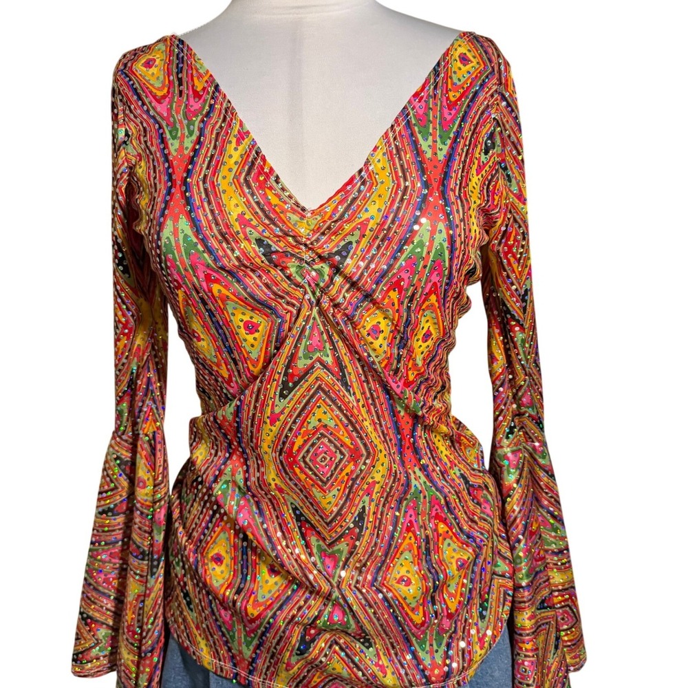 Halloween Costume Disco 70s California Costume Top Pants Set Sequin Bell Sleeve